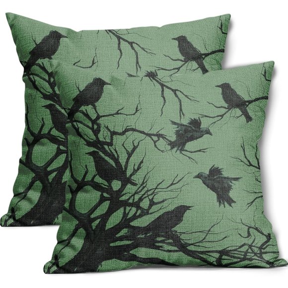 Set 2 Green Black Crow Pillow Covers 18" Square Pillows Crows Ravens Gothic New - Picture 2 of 12